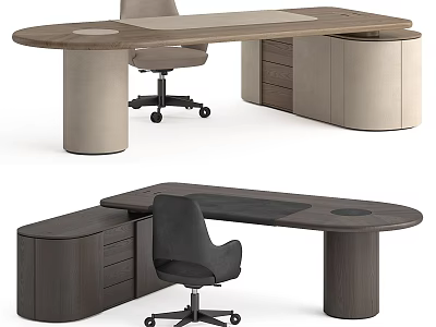 Modern Curved Office Desk With Wooden Top Drawers And Ergonomic Chair 3d model