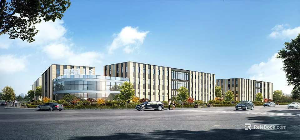 Modern Office Building Exterior With Glass Curtain Wall Landscaped Gardens And Parked Cars 3d model 