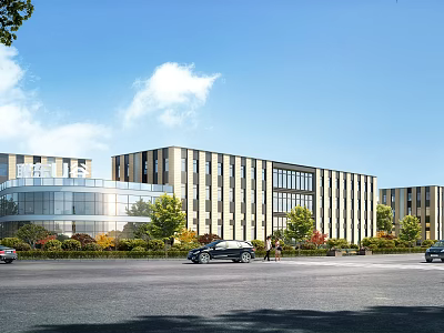 Modern Office Building Exterior With Glass Curtain Wall Landscaped Gardens And Parked Cars 3d model