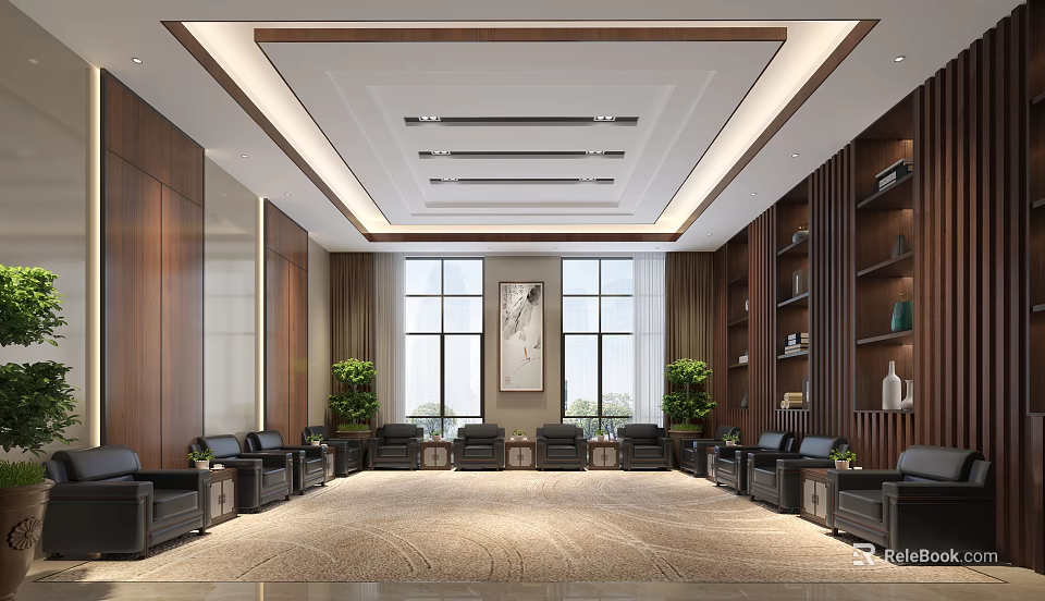 Spacious Conference Room Interior With Large Windows Wall Painting Bookshelves And Green Plants 3d model 