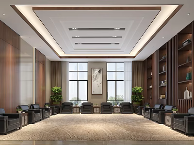 Spacious Conference Room Interior With Large Windows Wall Painting Bookshelves And Green Plants 3d model