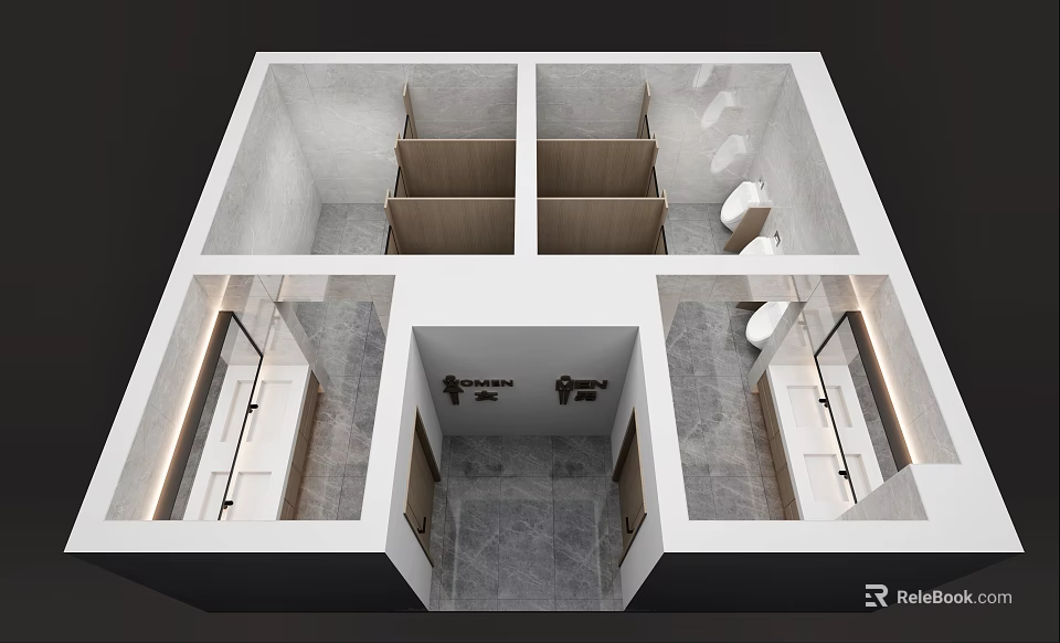 Modern Public Toilet Layout Design With Marble Finish And Separate Men And Women Zones 3d model 
