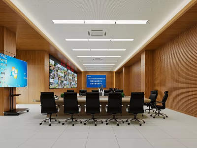 Modern Office Conference Room With Long Table Black Chairs Wooden Walls And Ceiling Lights 3d model