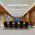 Modern Office Conference Room With Long Table Black Chairs Wooden Walls And Ceiling Lights