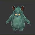 Green Reptile Character With Yellow Eyes Red Ears And Fluffy Body On Gray Background