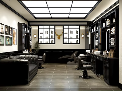Modern Beauty Salon Interior With Black Sofa Hairdressing Chairs Mirrors Decorative Paintings And Storage Cabinets 3d model
