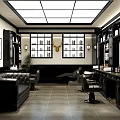 Modern Beauty Salon Interior With Black Sofa Hairdressing Chairs Mirrors Decorative Paintings And Storage Cabinets