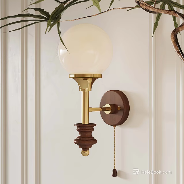 Vintage Wall Sconce With White Globe Shade Brass Pole And Wooden Base 3d model 
