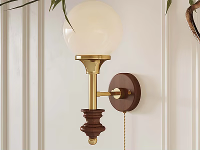 Vintage Wall Sconce With White Globe Shade Brass Pole And Wooden Base 3d model