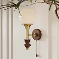 Vintage Wall Sconce With White Globe Shade Brass Pole And Wooden Base