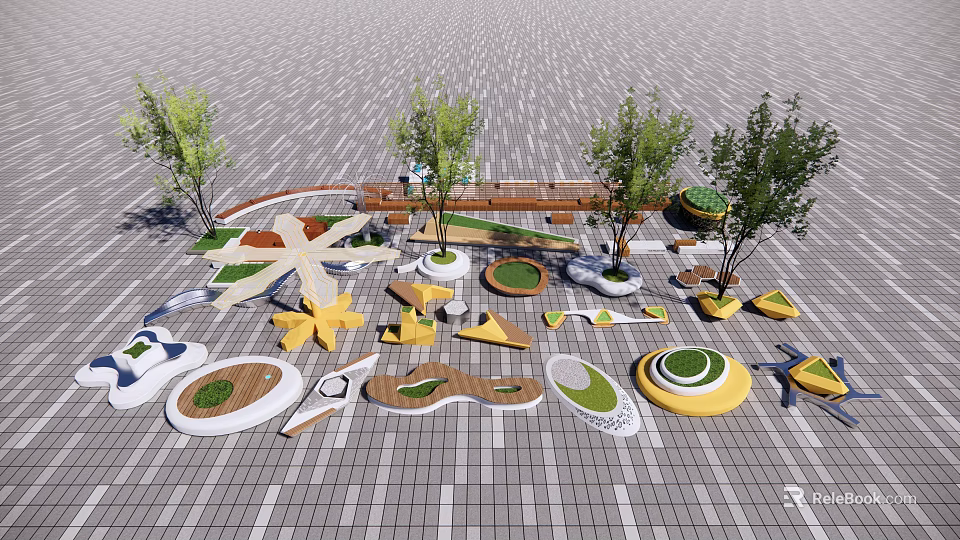 Modern Outdoor Chairs With Various Shapes And Trees On Paved Surface 3d model