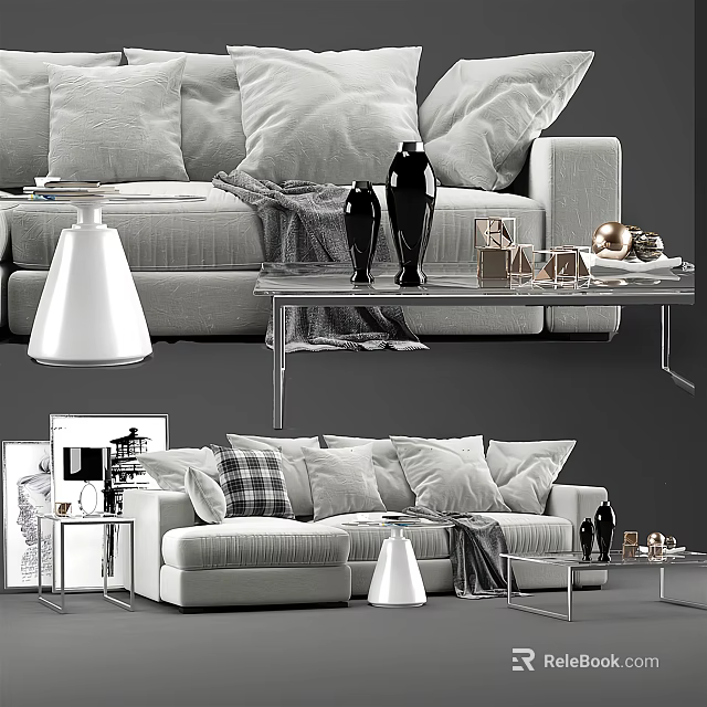 Modern Sofa and Coffee Table Set With Gray Pillows Black Vases and Decorative Items 3d model 