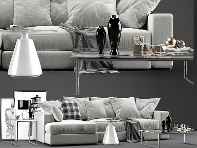 Modern Sofa and Coffee Table Set With Gray Pillows Black Vases and Decorative Items 3d model