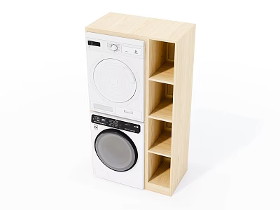 Light Wooden Bathroom Cabinet Rack With Stacked Washing Machine Dryer And Multiple Shelves 3d model
