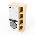 Light Wooden Bathroom Cabinet Rack With Stacked Washing Machine Dryer And Multiple Shelves