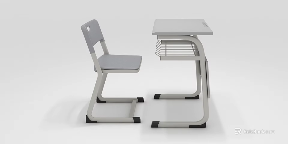 Modern School Desk And Chair Set With Gray Seat And Metal Frame For Students 3d model 