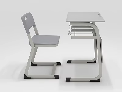 Modern School Desk And Chair Set With Gray Seat And Metal Frame For Students 3d model