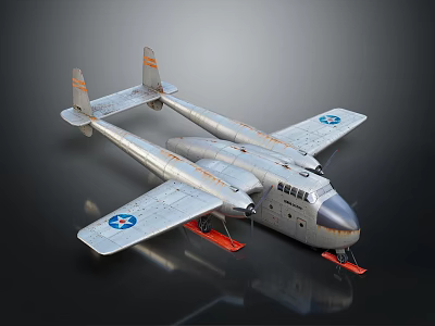 Silver Airplane Model with Blue Star Markings on Wings and Red Display Base 3d model