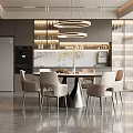 Modern Restaurant Interior Design With Open Kitchen Dining Table Chairs Pendant Lights And Cabinets 3d model