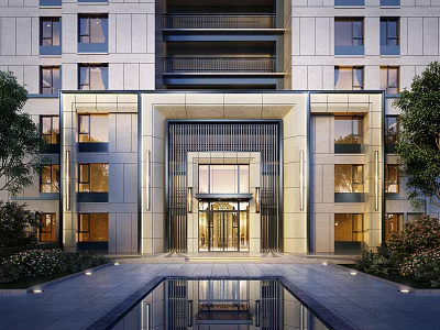 Modern Residential Building Facade With Stone Cladding Symmetrical Entrance And Landscaping 3d model