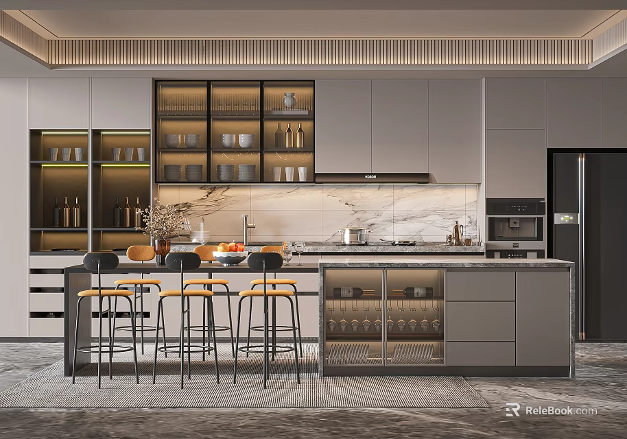 Modern Kitchen Bar Counter With Stools Cabinets And Marble Top 3d model 