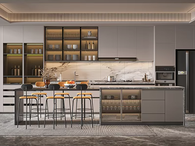 Modern Kitchen Bar Counter With Stools Cabinets And Marble Top 3d model
