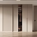 Modern Beige Wardrobe With Vertical Ribbed Doors Open Compartment Hanging Clothes And Storage