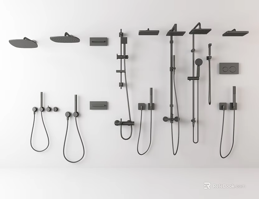 Modern Black Wall Mounted Shower Systems With Handheld And Rain Heads 3d model