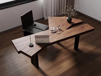 Modern Workspace With Wooden Desk Laptop Table Lamp Black Chair Curtains And Wooden Flooring 3d model