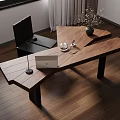 Modern Workspace With Wooden Desk Laptop Table Lamp Black Chair Curtains And Wooden Flooring