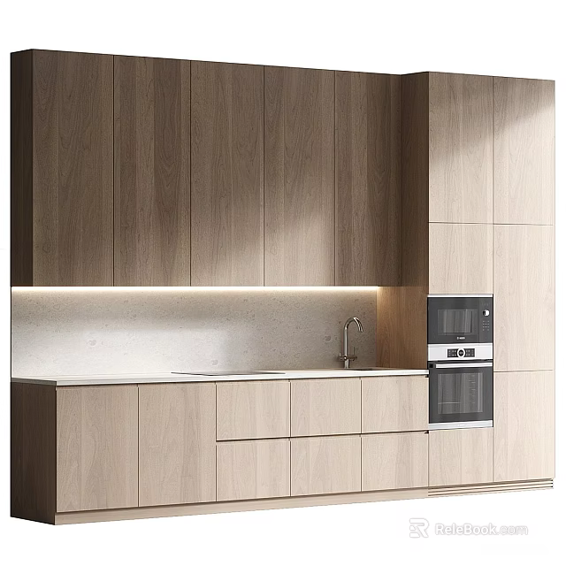 Modern Kitchen Interior Design With Wooden Cabinets Countertop And Integrated Appliances 3d model 