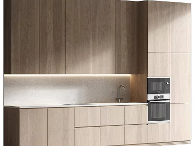 Modern Kitchen Interior Design With Wooden Cabinets Countertop And Integrated Appliances 3d model
