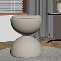 Modern White Round Stool On Wooden Floor With Curtain Window Blinds And Side Table Vase