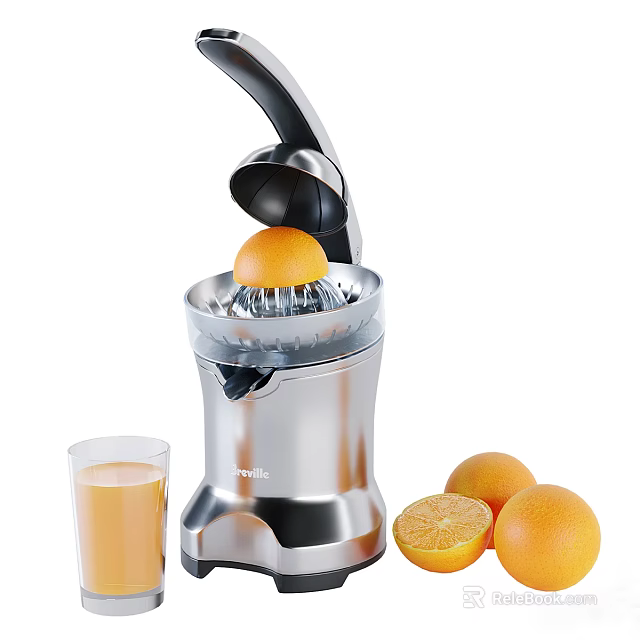Stainless Steel Citrus Juicer Squeezing Fresh Orange With Glass Of Juice And Oranges 3d model 