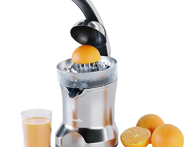 Stainless Steel Citrus Juicer Squeezing Fresh Orange With Glass Of Juice And Oranges 3d model