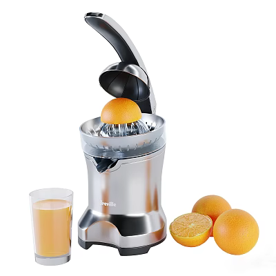 Stainless Steel Citrus Juicer Squeezing Fresh Orange With Glass Of Juice And Oranges 3d model