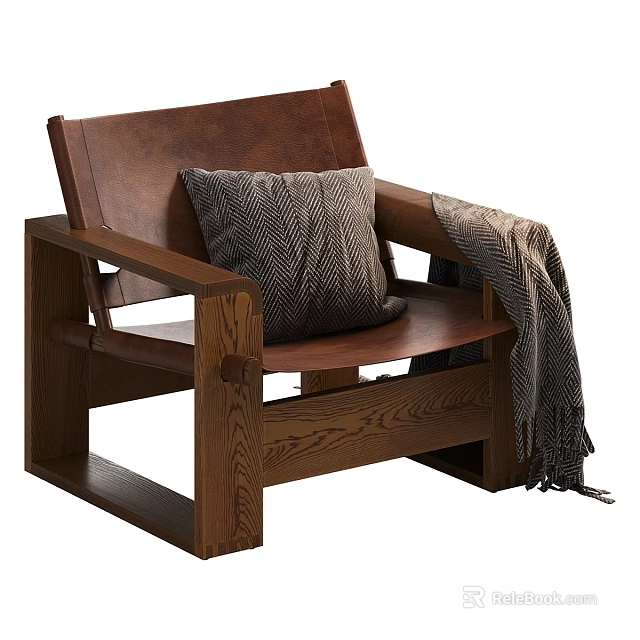 Brown Leather Leisure Chair With Wooden Frame Striped Pillow And Gray Throw Blanket 3d model 