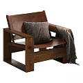 Brown Leather Leisure Chair With Wooden Frame Striped Pillow And Gray Throw Blanket
