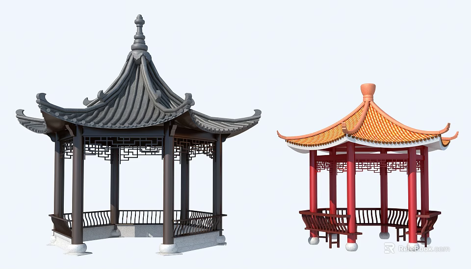 Traditional Chinese Pavilions With Dark And Orange Roofs Curved Eaves Columns And Seats 3d model 
