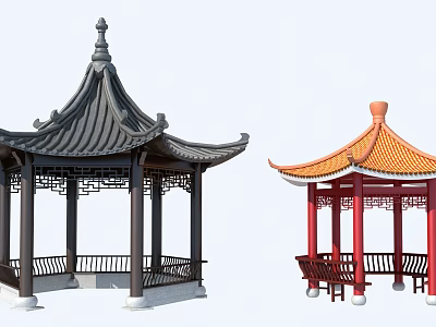 Traditional Chinese Pavilions With Dark And Orange Roofs Curved Eaves Columns And Seats 3d model