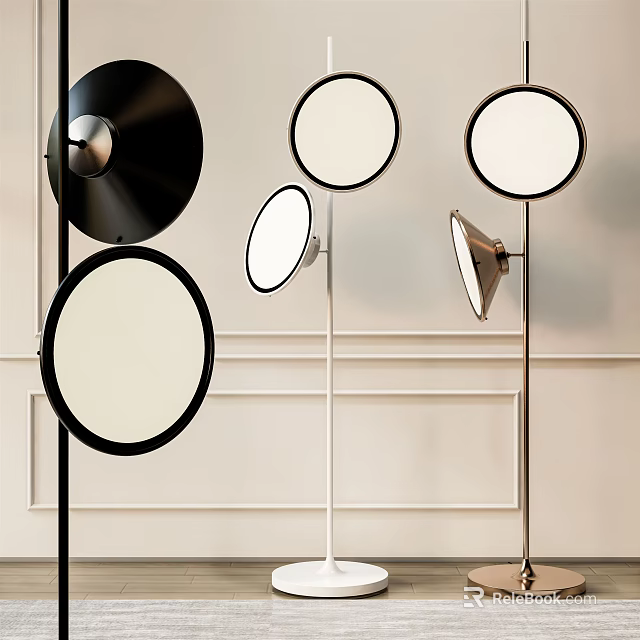 Modern Minimalist Floor Lamps With Round Black Metallic Shades Light Wall Background 3d model 