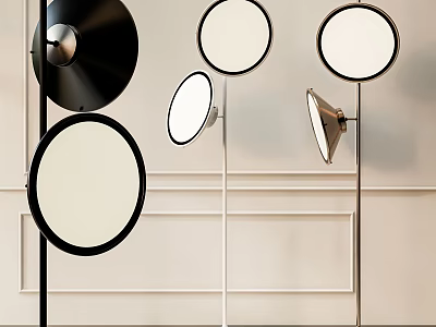 Modern Minimalist Floor Lamps With Round Black Metallic Shades Light Wall Background 3d model