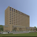 Modern High-rise Office Building Exterior With Glass Curtain Wall Landscaping And Parking
