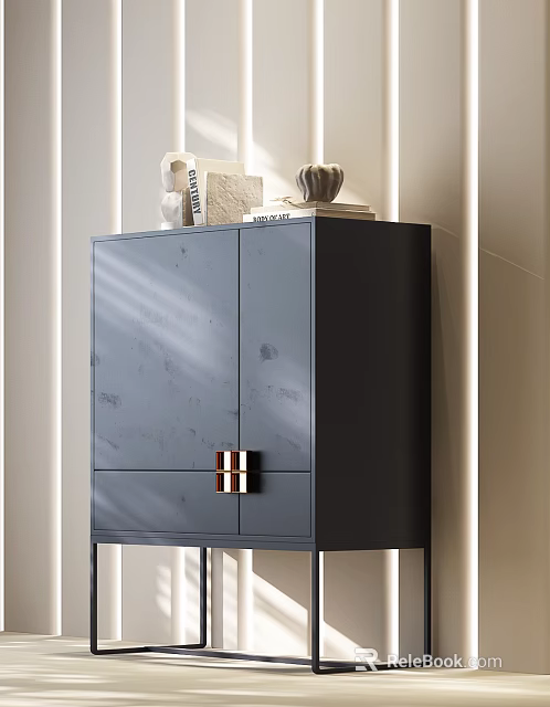 Modern Gray Entryway Cabinet Sideboard With Smooth Surface Metal Handle And Decorative Items 3d model