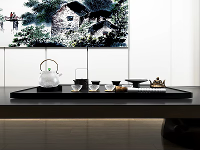 Elegant Traditional Chinese Tea Set With Teapot Teacups On Black Tray And Landscape Painting 3d model