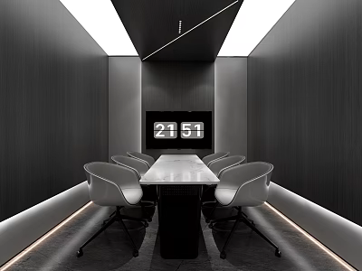 Modern Lounge Interior Design With Black Walls White Table Grey Chairs And Ceiling Lights 3d model
