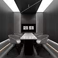 Modern Lounge Interior Design With Black Walls White Table Grey Chairs And Ceiling Lights