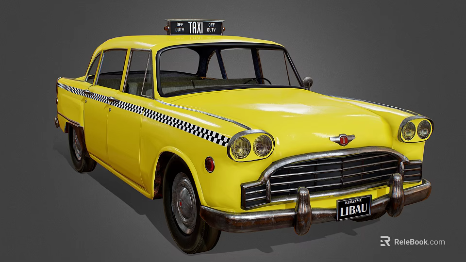 Yellow Classic Taxi Car With Checker Stripes And Taxi Sign 3d model 