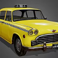 Yellow Classic Taxi Car With Checker Stripes And Taxi Sign