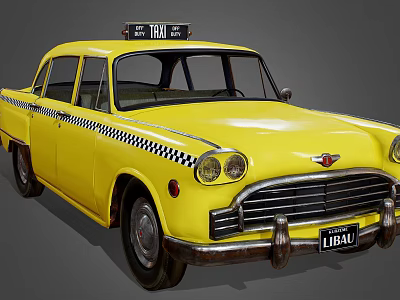 Yellow Classic Taxi Car With Checker Stripes And Taxi Sign 3d model